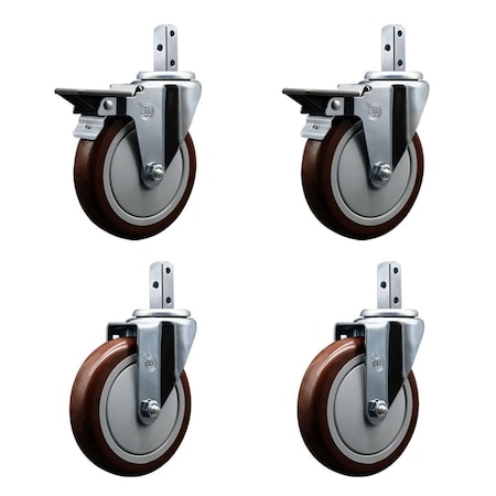 Service Caster 5'' Maroon Polyurethane Wheel Swivel 7/8'' Square Stem Caster Set 2 Brakes, 4PK SCC-SQ20S514-PPUB-MRN-PLB-78-2-S-2